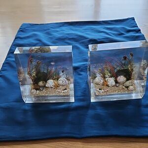 PAIR -ClearFloat Lucite/Acrylic Bookends | Under the Sea, Seahorse, Shells, Sand